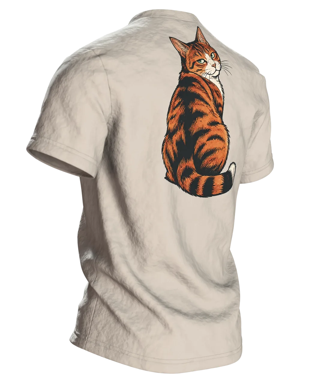 Lustiges Katzen T-Shirt: Katze schubst Vase vom Tisch, Comic-Stil, Rückseite schräg rechts