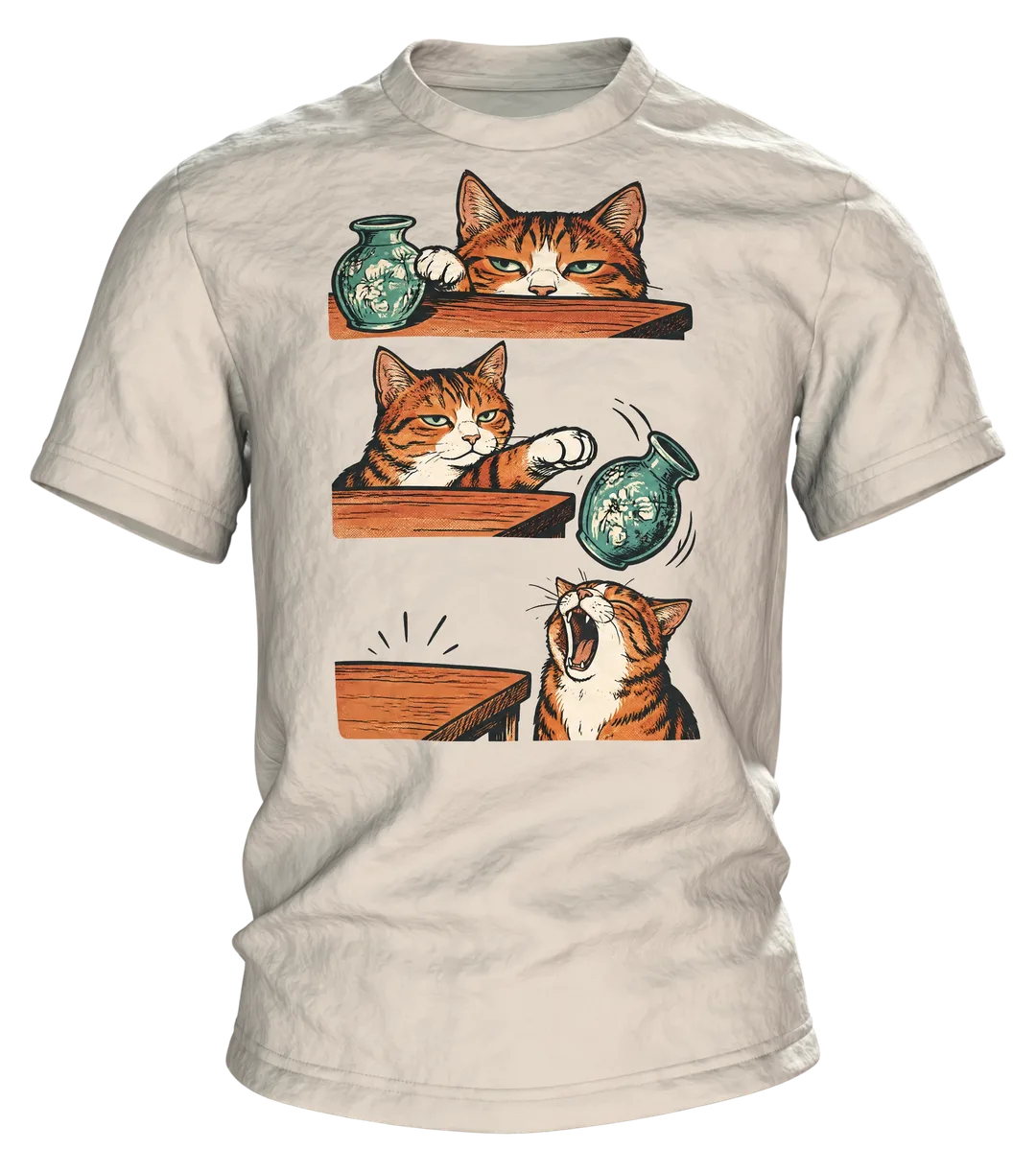 Lustiges Katzen T-Shirt: Katze schubst Vase vom Tisch, Comic-Stil
