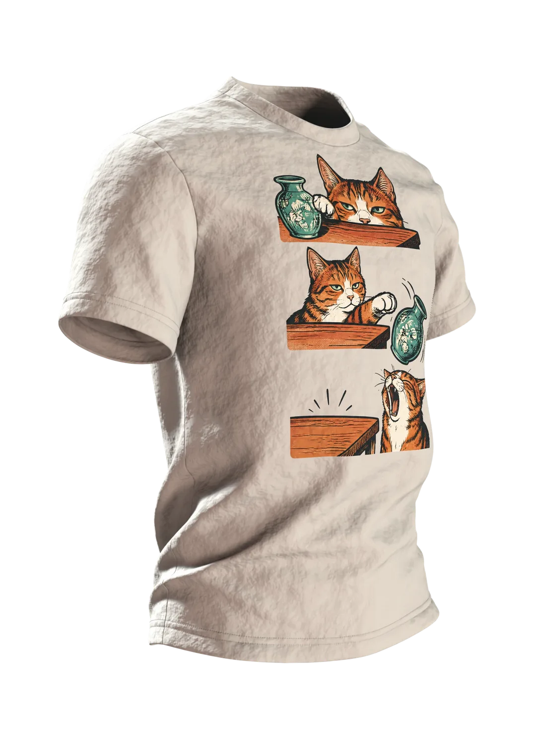 Lustiges Katzen T-Shirt: Katze schubst Vase vom Tisch, Comic-Stil, Seitenansicht links
