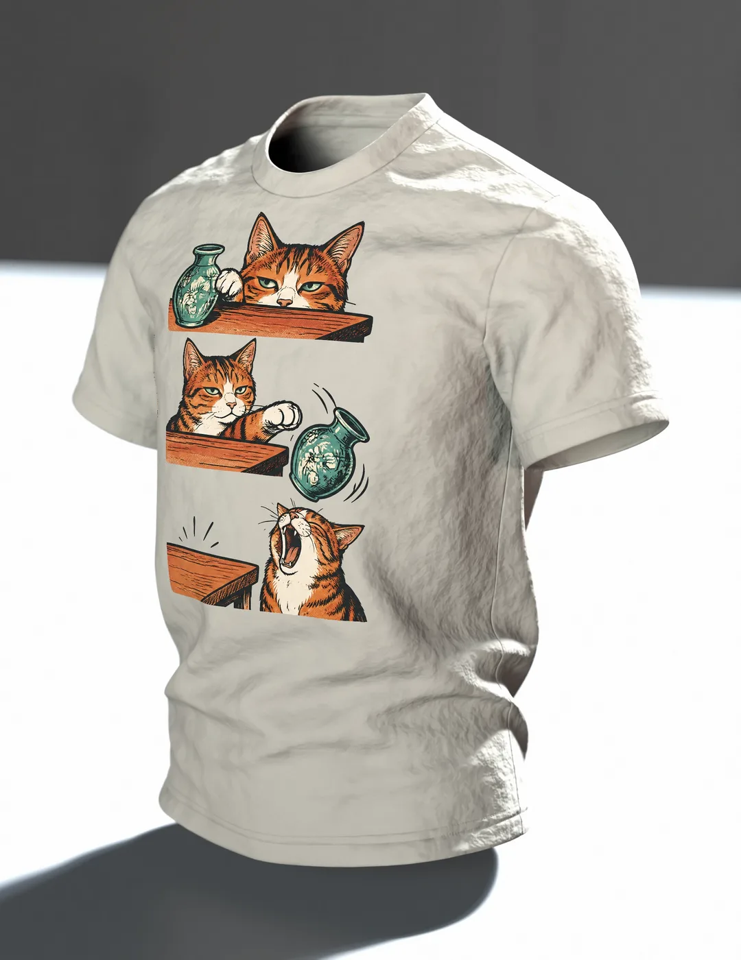 Lustiges Katzen T-Shirt: Katze schubst Vase vom Tisch, Comic-Stil, Im Raum, schräg