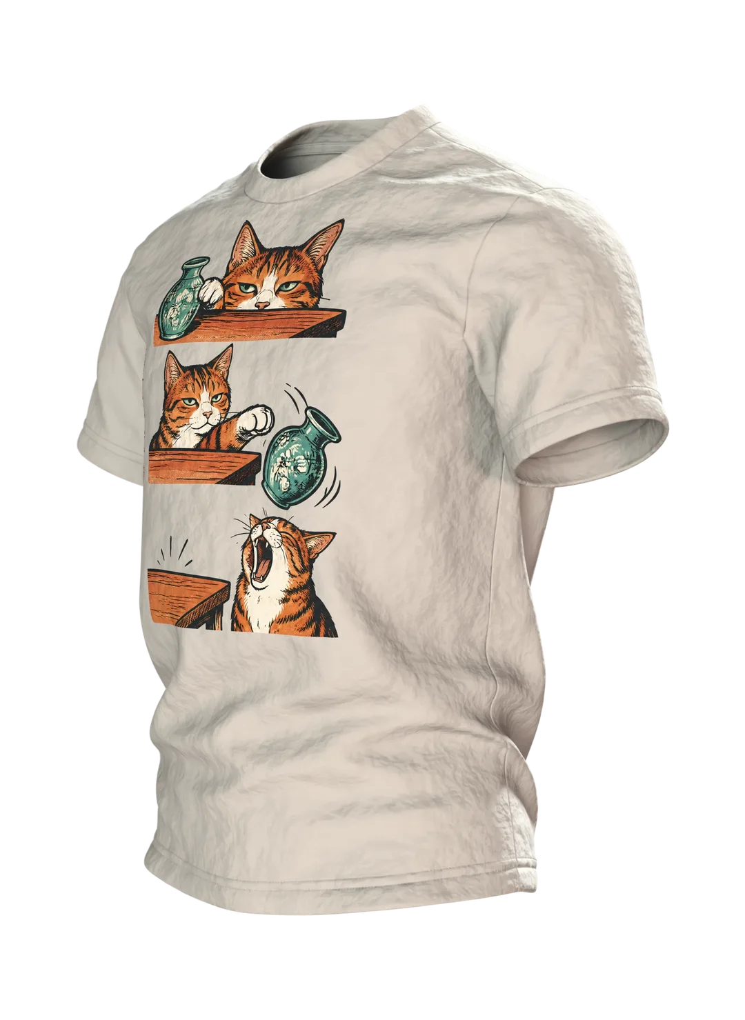 Lustiges Katzen T-Shirt: Katze schubst Vase vom Tisch, Comic-Stil, Seitenansicht rechts