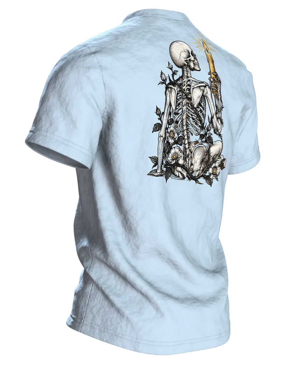 Skelett Hand Kerze T-Shirt: Tattoo Flash Design, Back, angled right