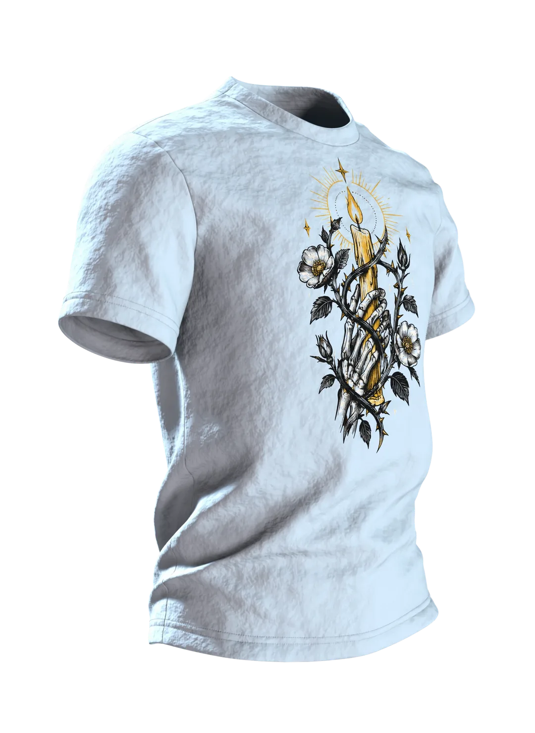Skelett Hand Kerze T-Shirt: Tattoo Flash Design, Side view, left