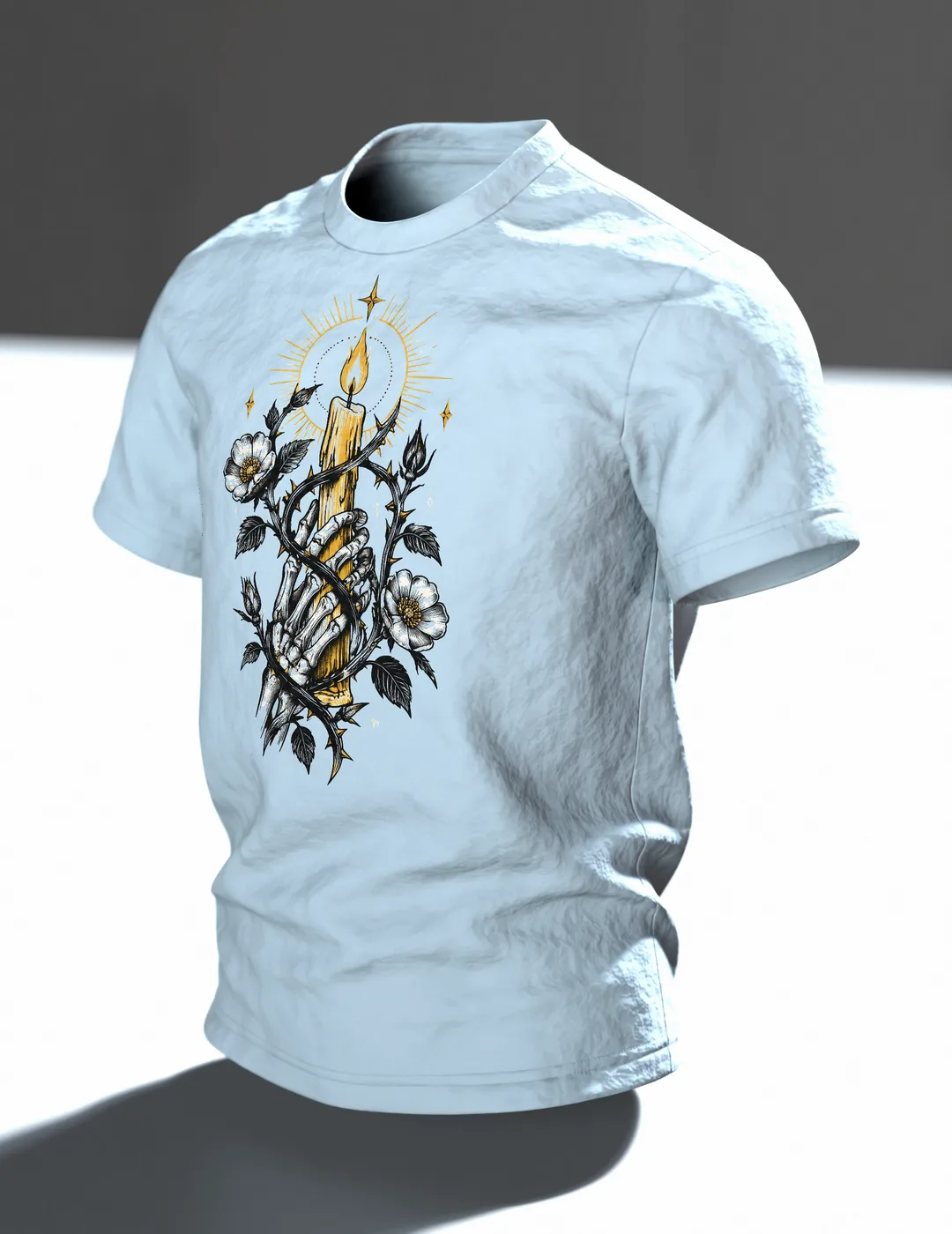Skelett Hand Kerze T-Shirt: Tattoo Flash Design, In context, angled