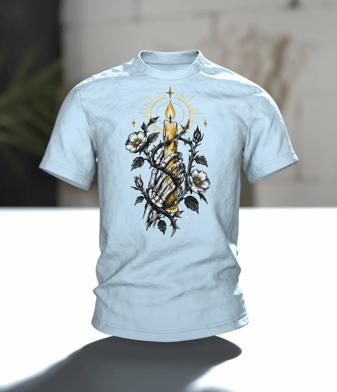 Skelett Hand Kerze T-Shirt: Tattoo Flash Design, In context