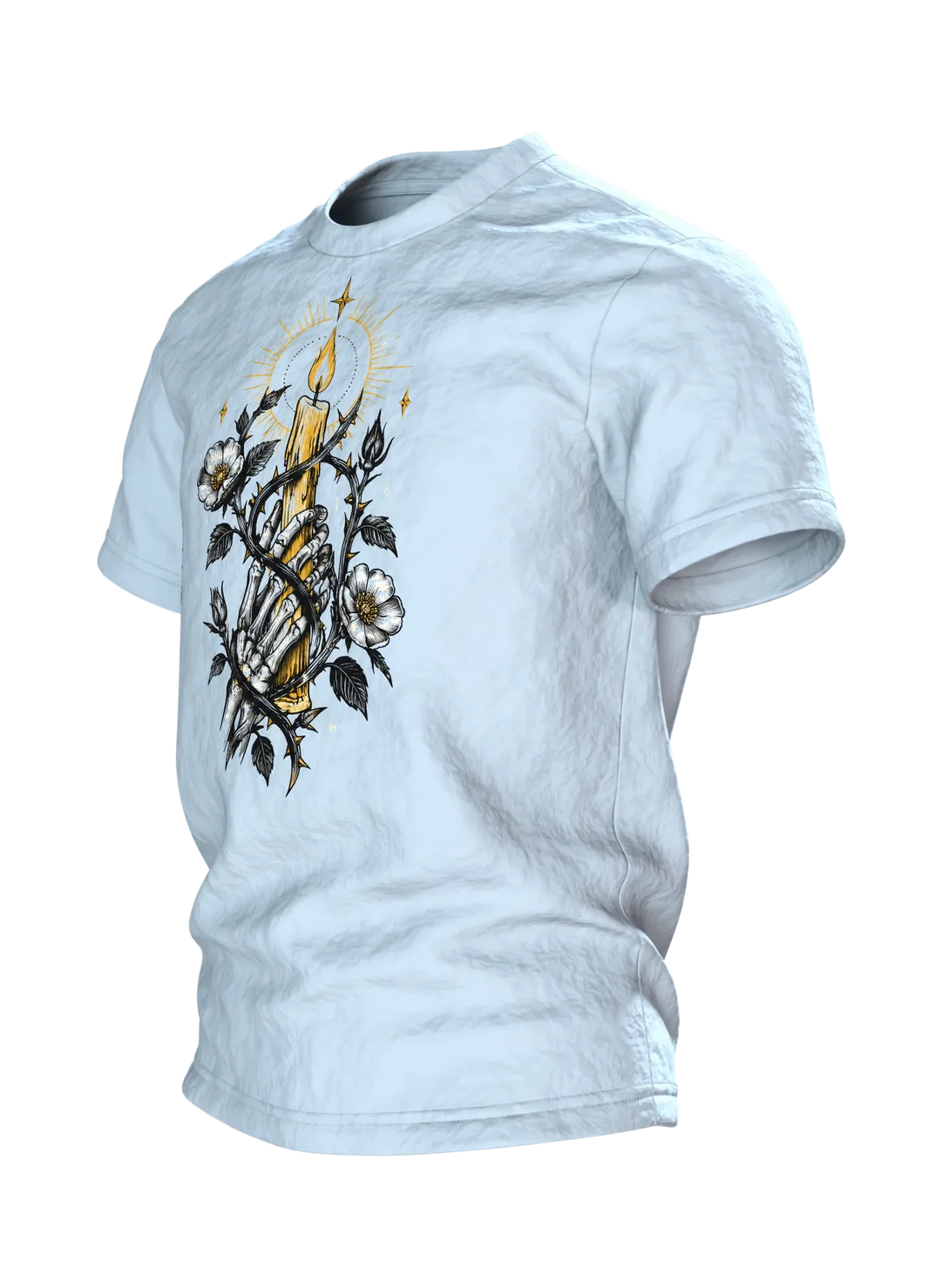 Skelett Hand Kerze T-Shirt: Tattoo Flash Design, Side view, right