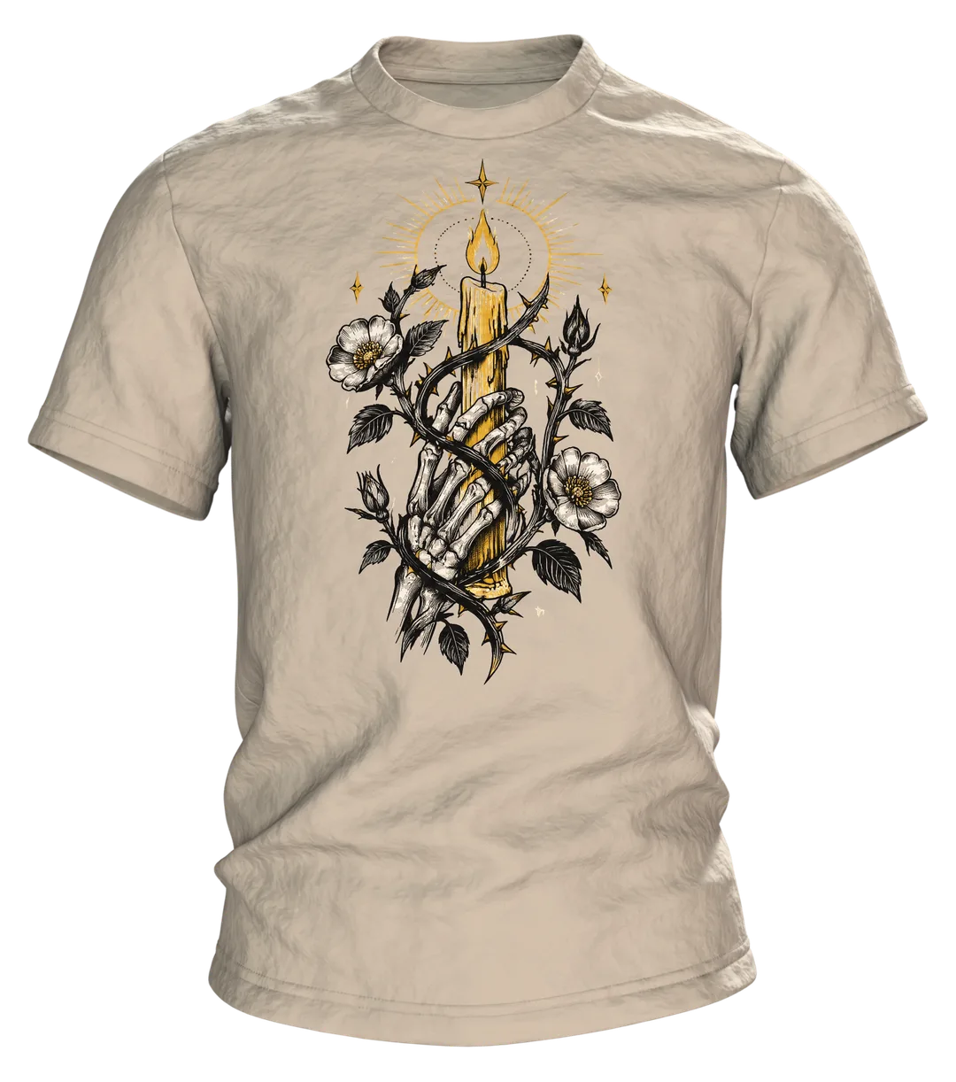 Skelett Hand Kerze T-Shirt: Tattoo Flash Design