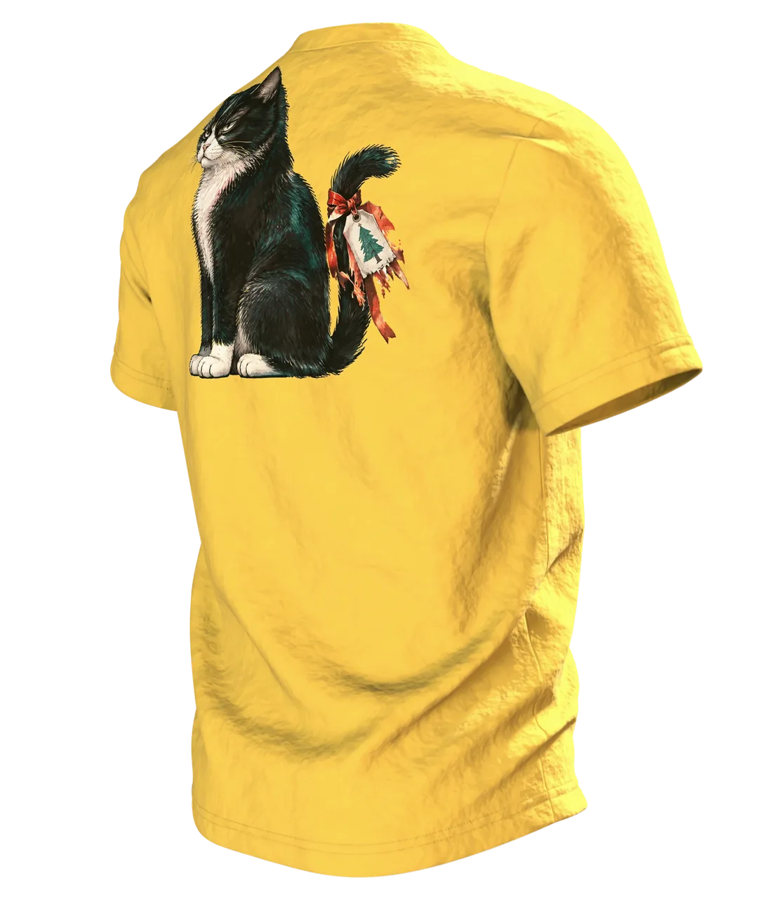 Mürrische Katze Weihnachten T-Shirt: Humorvolles Design, Rückseite schräg links