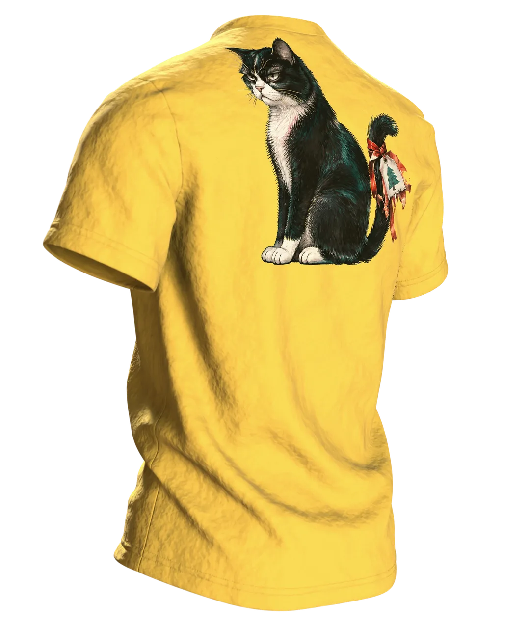 Mürrische Katze Weihnachten T-Shirt: Humorvolles Design, Rückseite schräg rechts