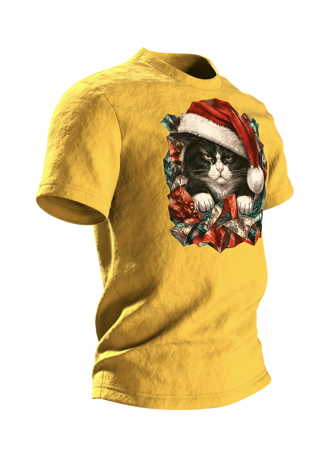 Mürrische Katze Weihnachten T-Shirt: Humorvolles Design, Seitenansicht links