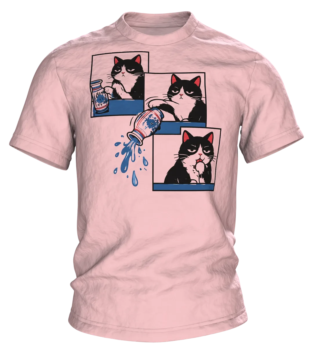 Katze schubst Vase T-Shirt: Humorvolles Comic Design