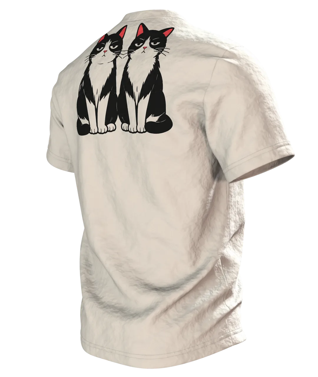 Katze schubst Vase T-Shirt: Humorvolles Comic Design, Rückseite schräg links