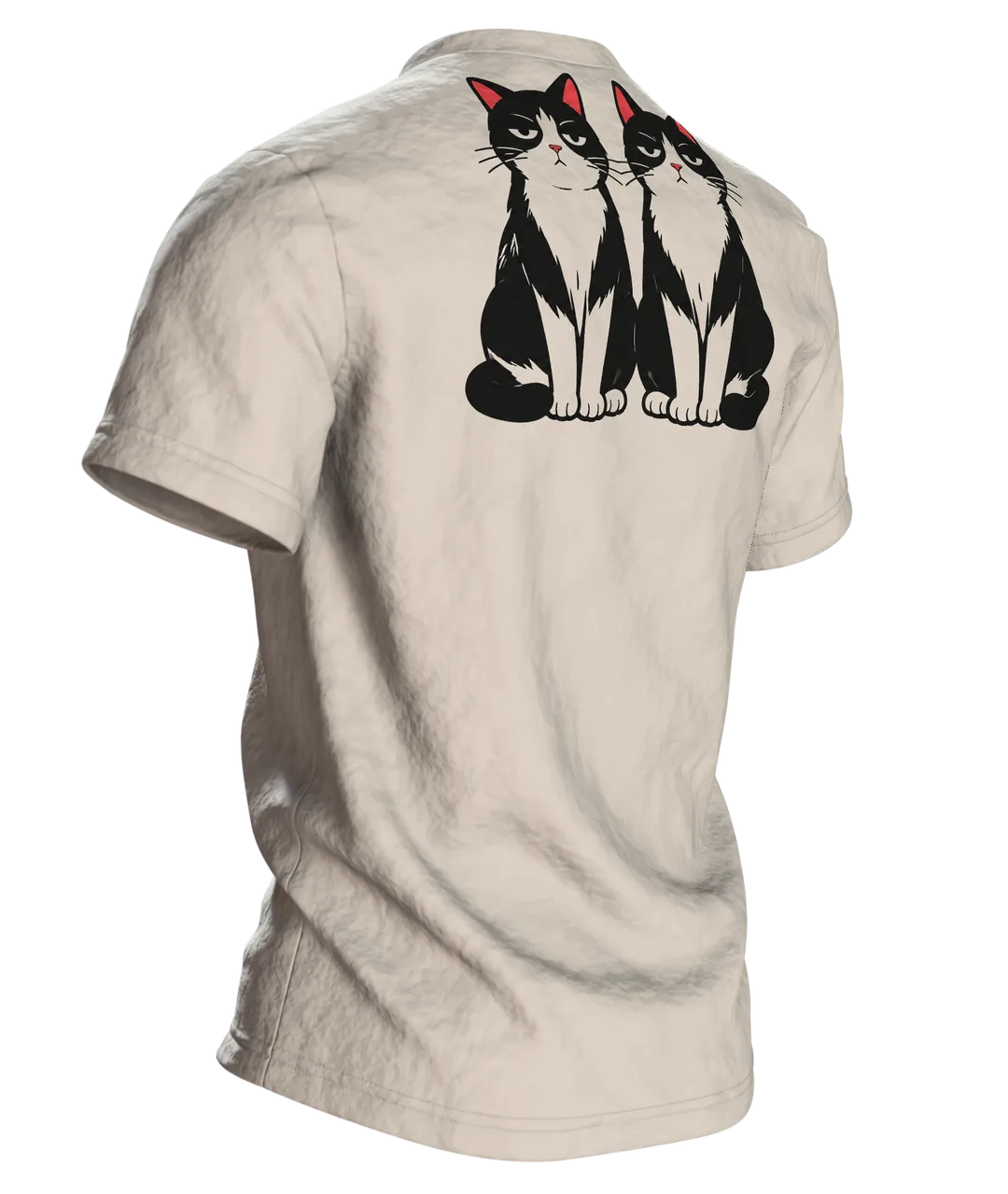 Katze schubst Vase T-Shirt: Humorvolles Comic Design, Rückseite schräg rechts
