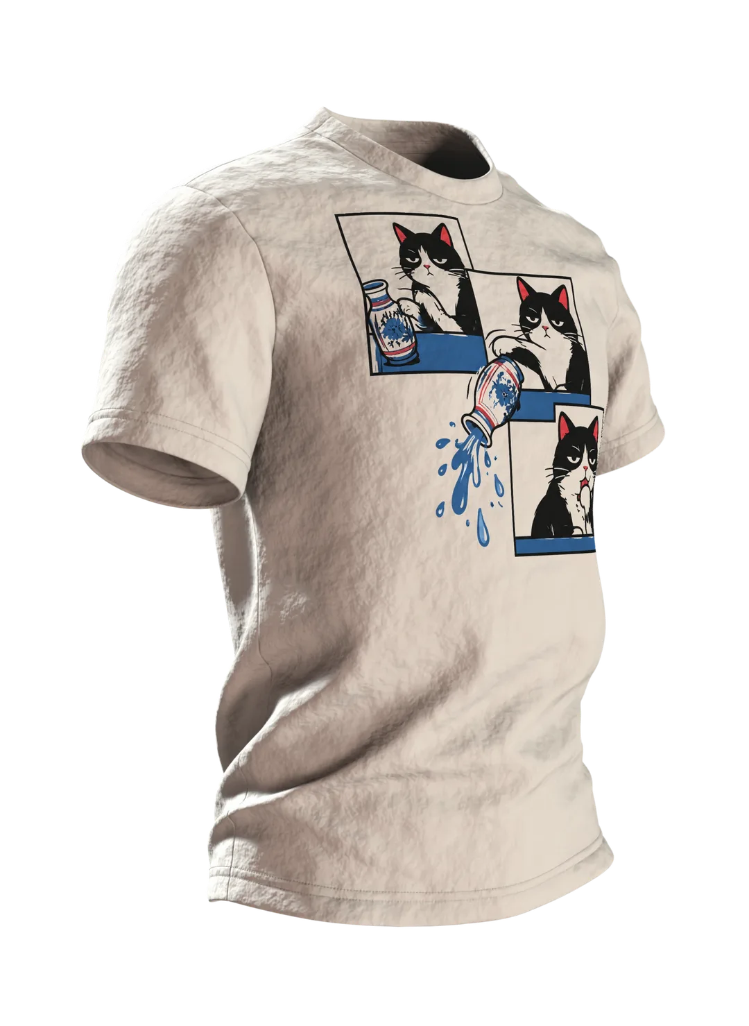 Katze schubst Vase T-Shirt: Humorvolles Comic Design, Seitenansicht links