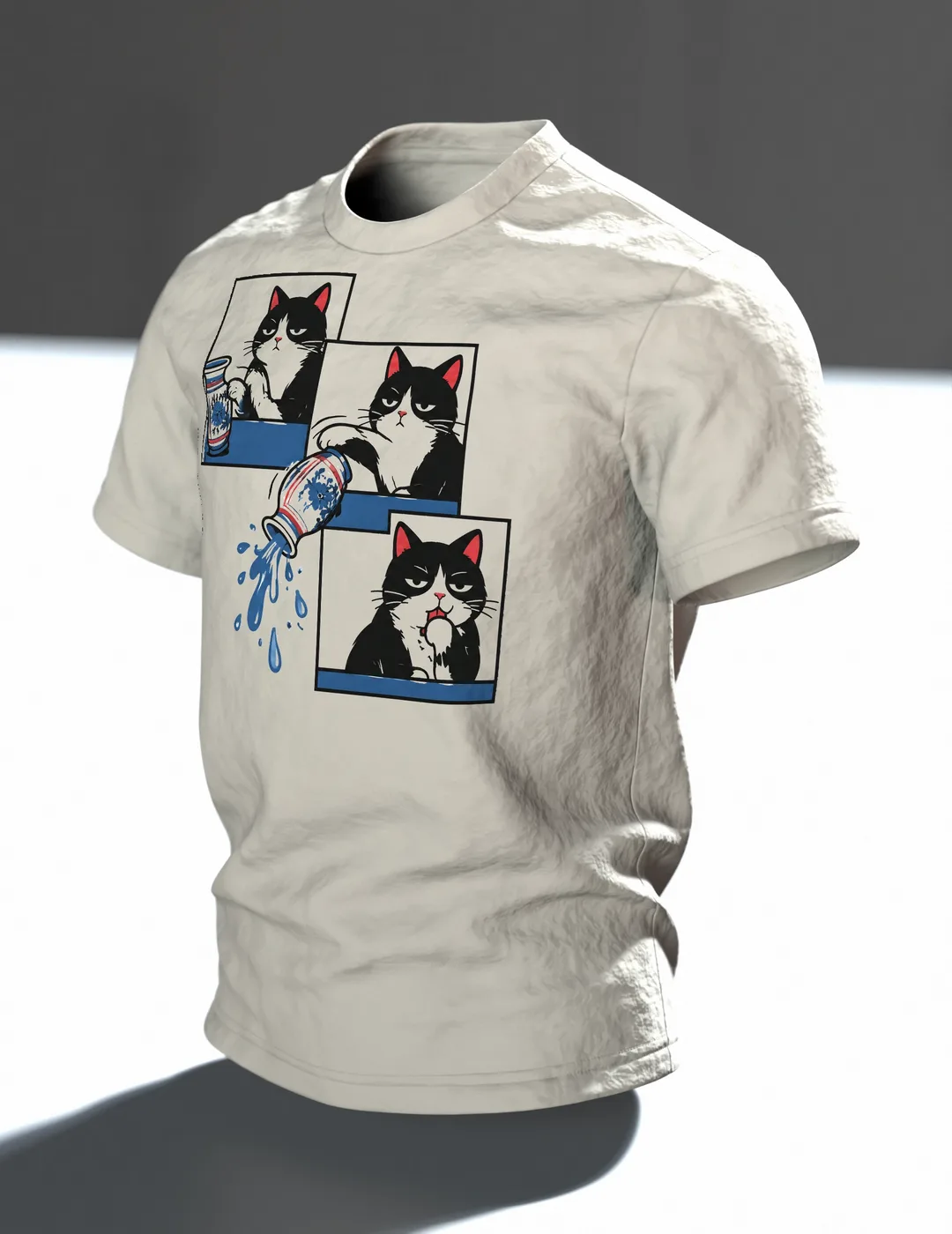 Katze schubst Vase T-Shirt: Humorvolles Comic Design, Im Raum, schräg