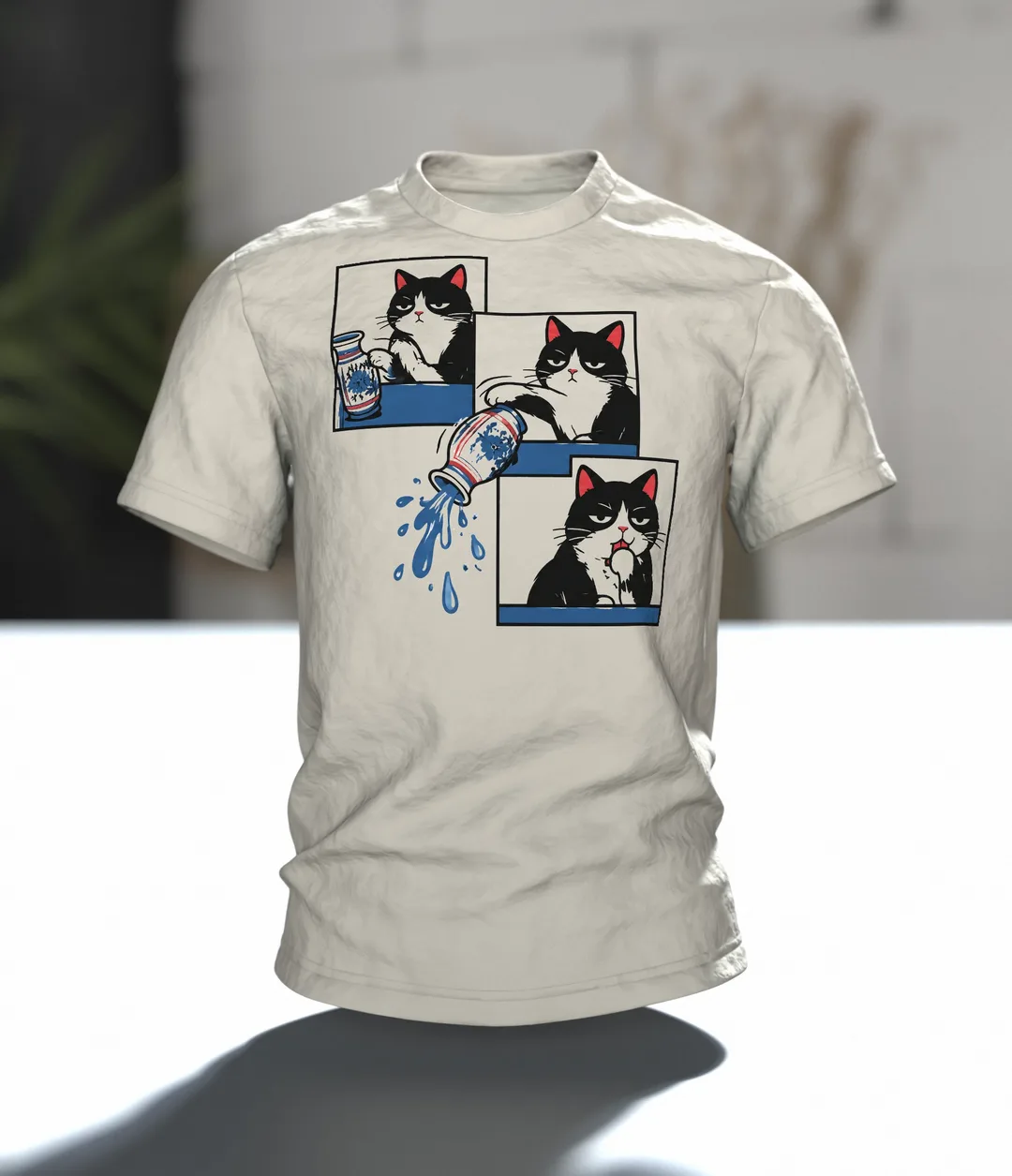 Katze schubst Vase T-Shirt: Humorvolles Comic Design, Im Raum