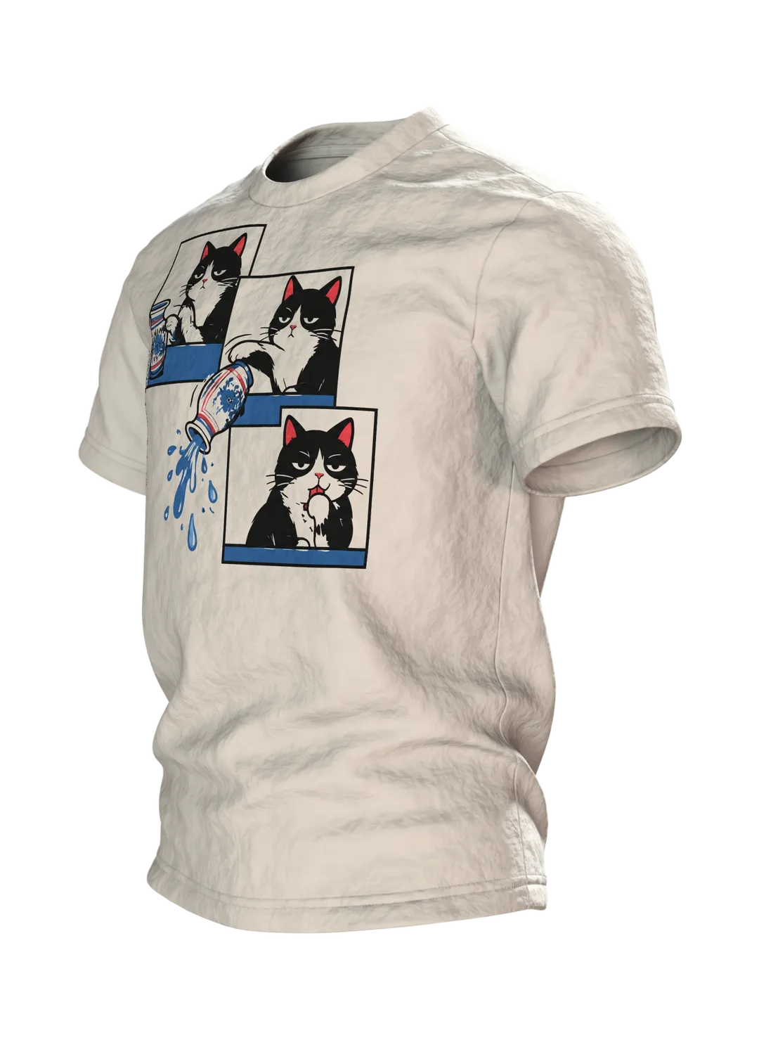 Katze schubst Vase T-Shirt: Humorvolles Comic Design, Seitenansicht rechts