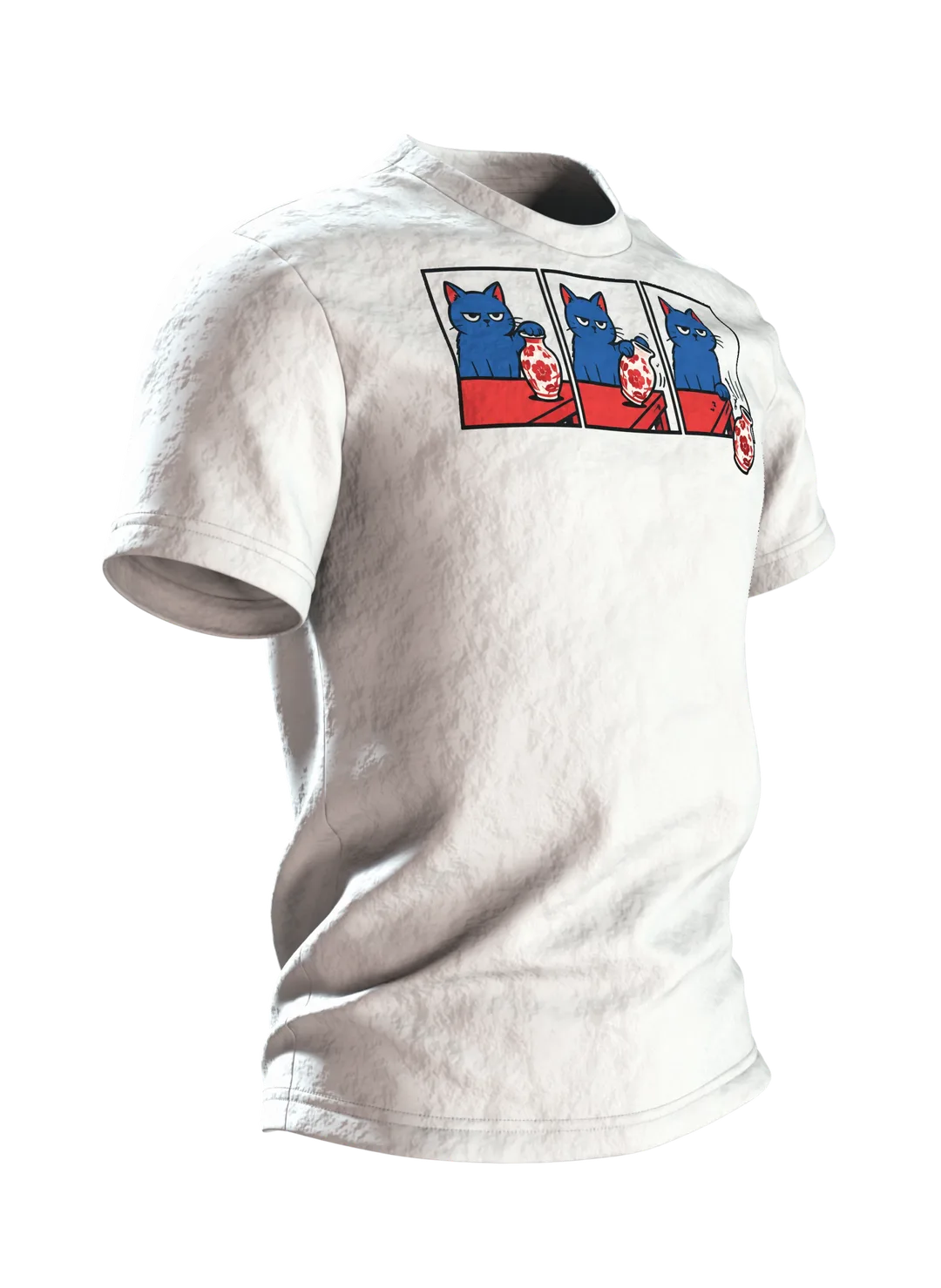 Katze schubst Vase T-Shirt: Humorvolles Comic Design, Side view, left