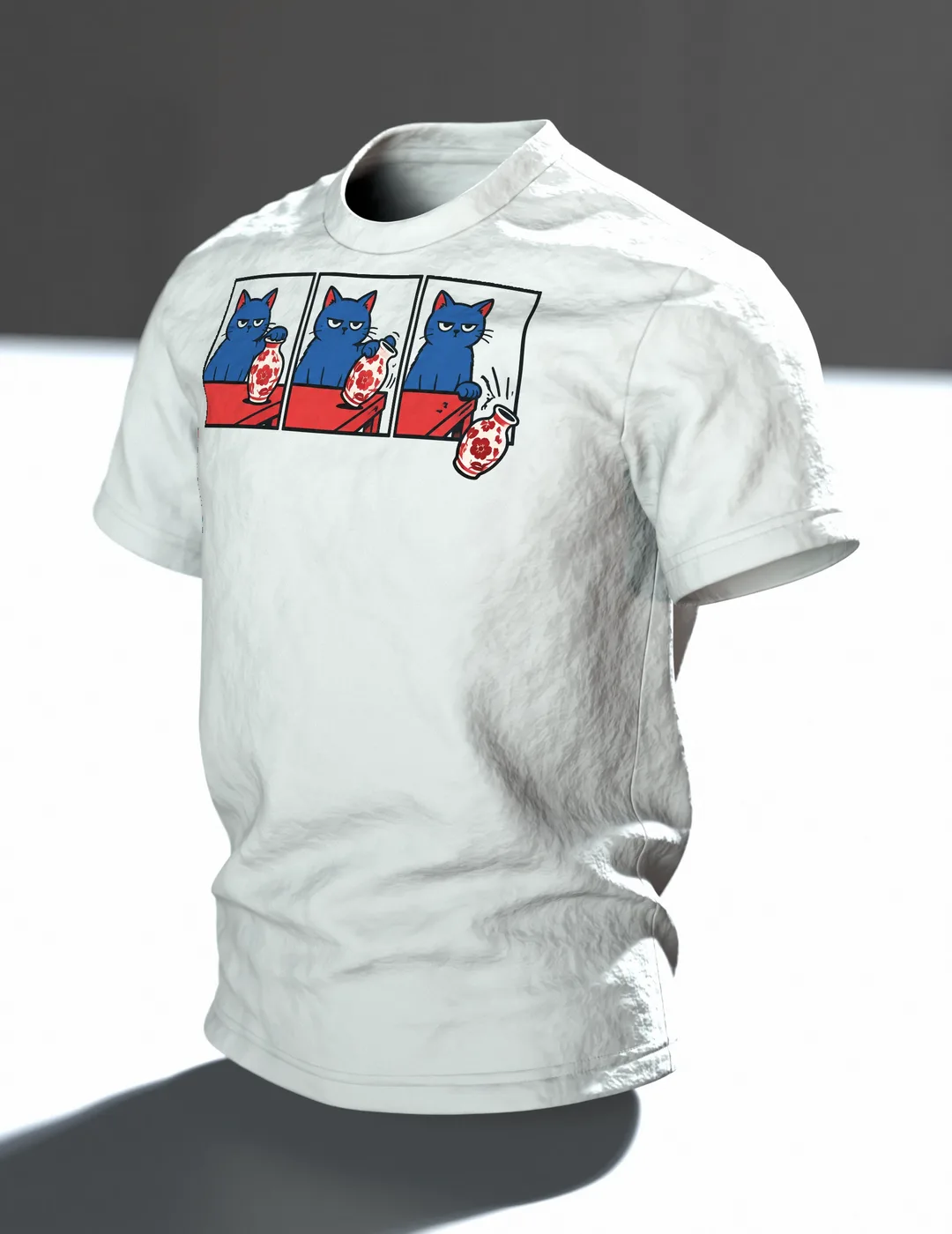 Katze schubst Vase T-Shirt: Humorvolles Comic Design, In context, angled
