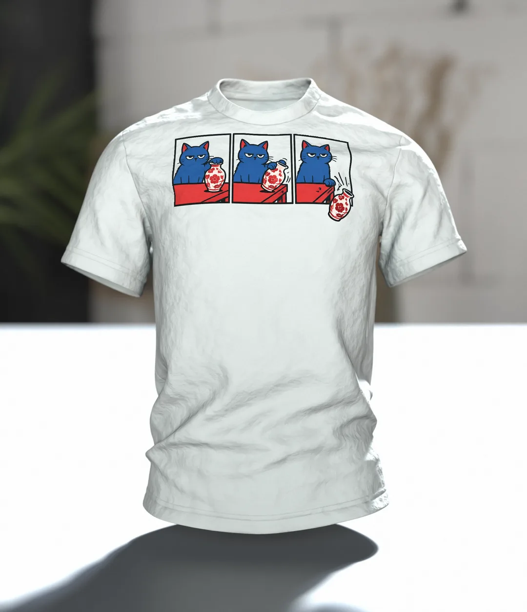 Katze schubst Vase T-Shirt: Humorvolles Comic Design, In context