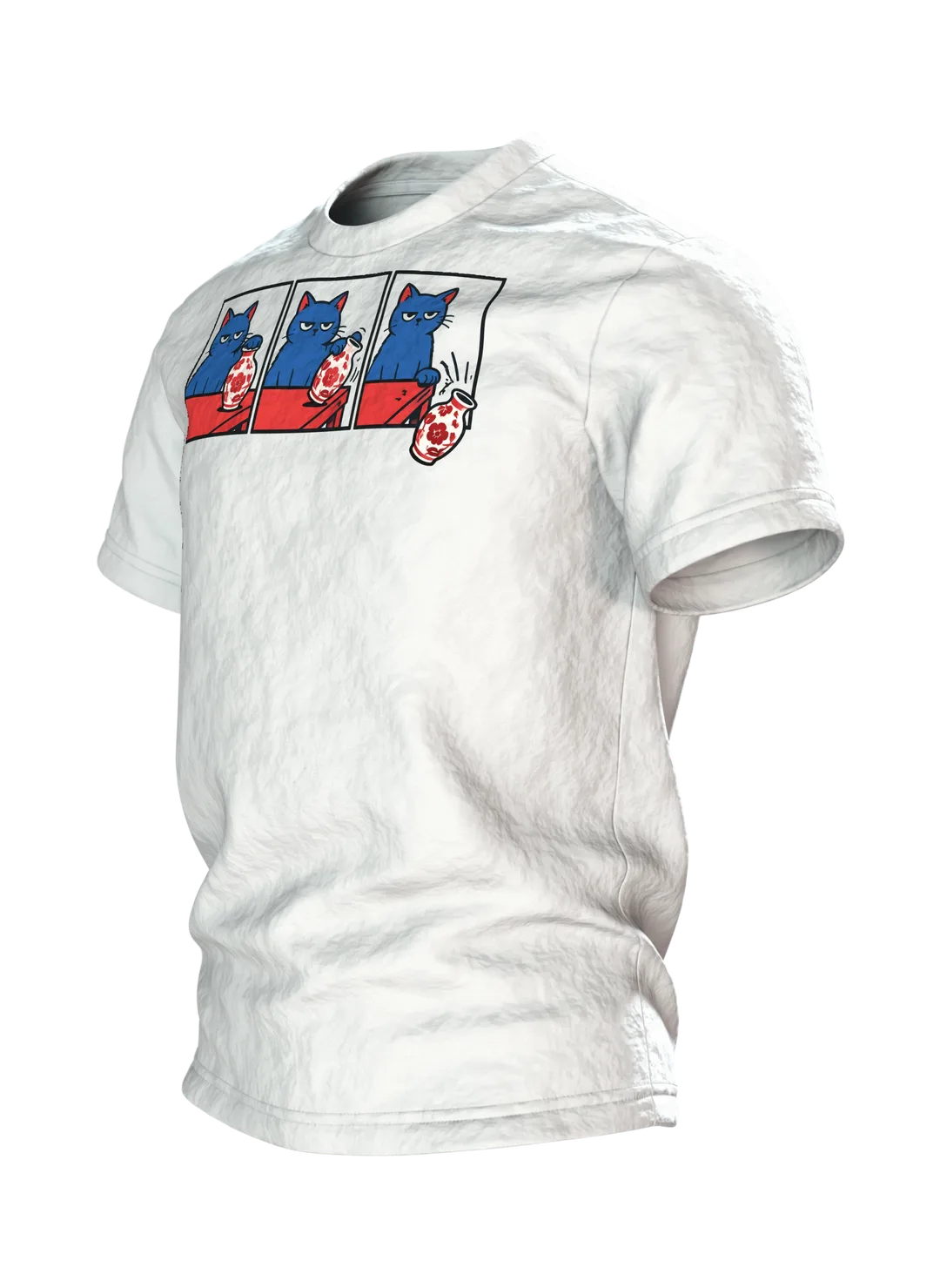 Katze schubst Vase T-Shirt: Humorvolles Comic Design, Side view, right