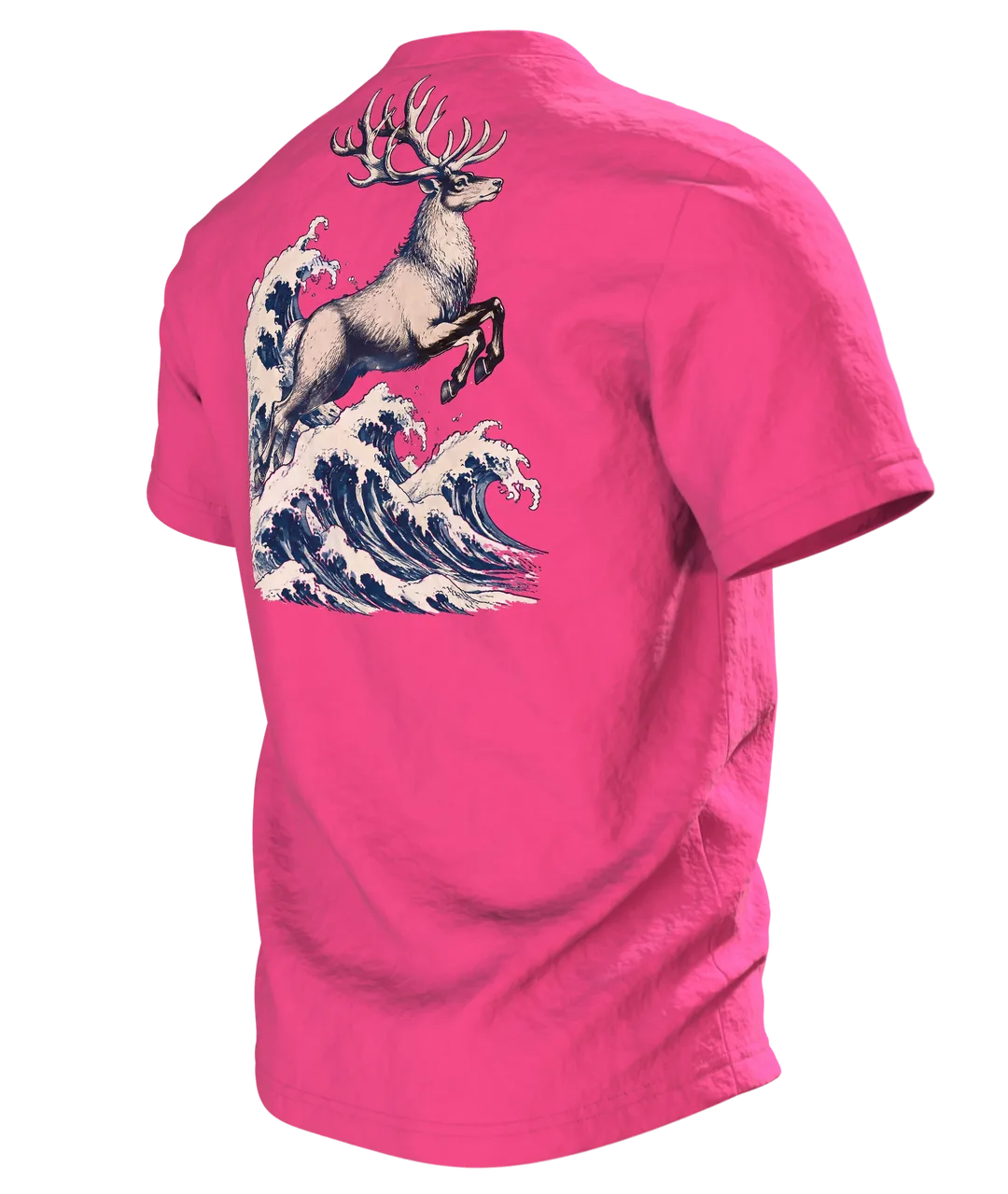 Rentier Holzschnitt T-Shirt: Japanisches Design mit Wintermond, Rückseite schräg links