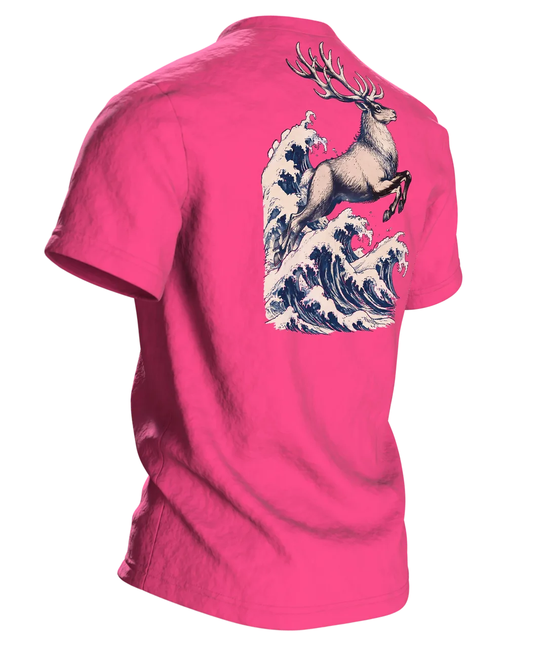 Rentier Holzschnitt T-Shirt: Japanisches Design mit Wintermond, Rückseite schräg rechts