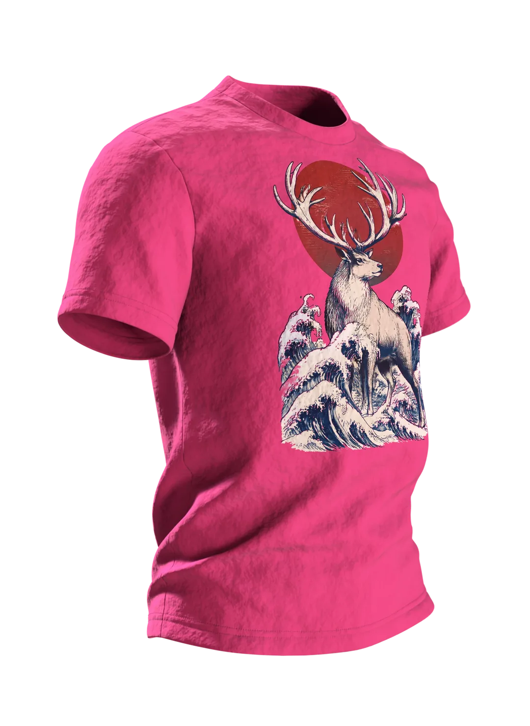 Rentier Holzschnitt T-Shirt: Japanisches Design mit Wintermond, Seitenansicht links