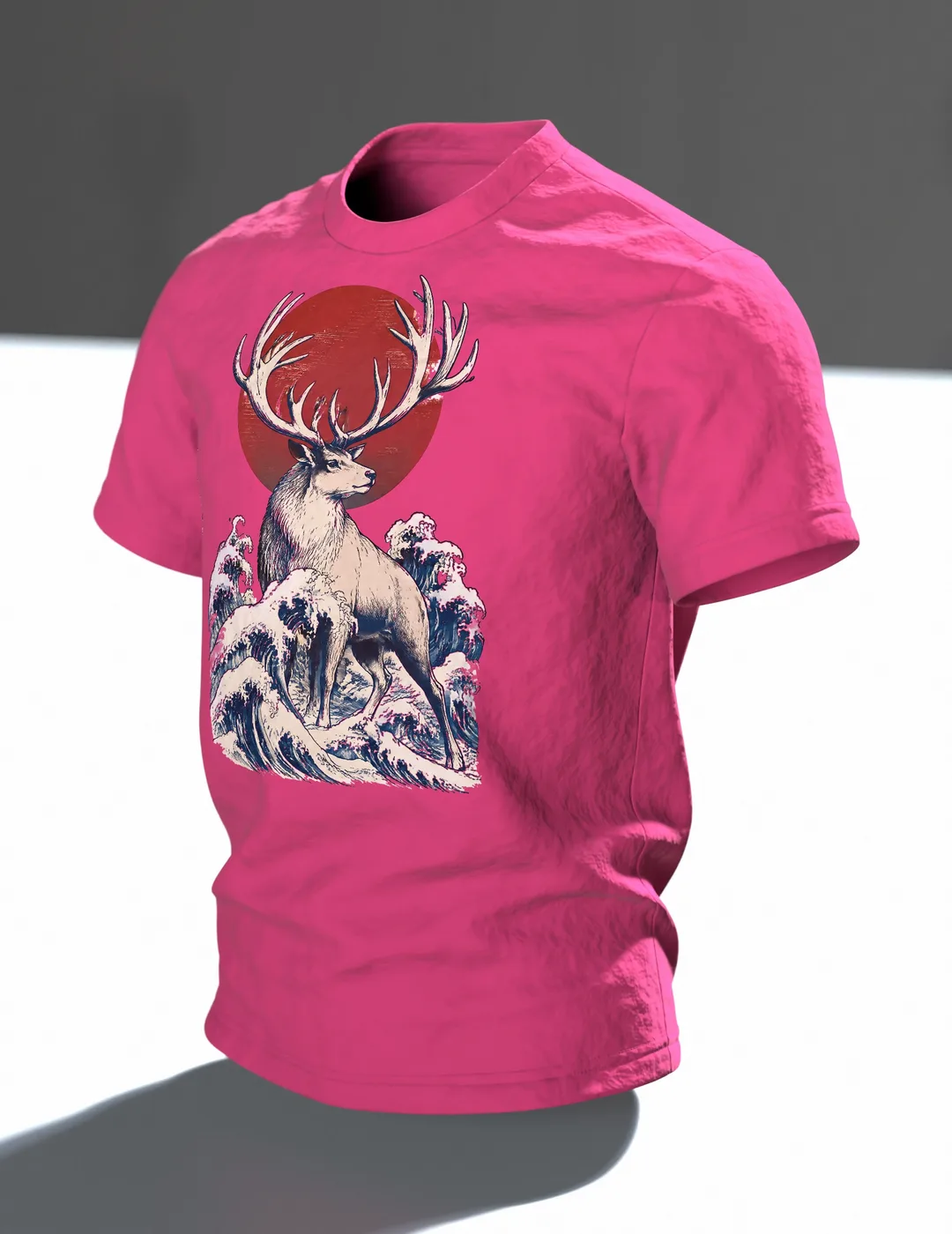 Rentier Holzschnitt T-Shirt: Japanisches Design mit Wintermond, Im Raum, schräg