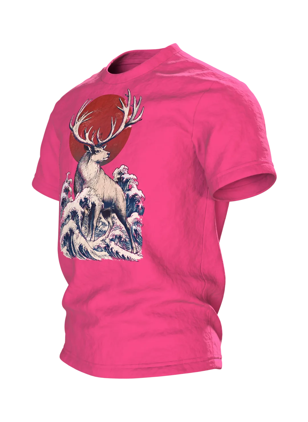 Rentier Holzschnitt T-Shirt: Japanisches Design mit Wintermond, Seitenansicht rechts