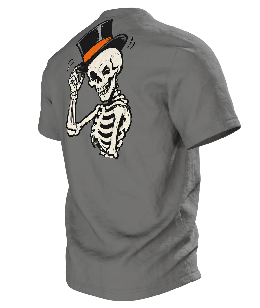 Skelett T-Shirt: drei tanzende Skelette mit Zylinder und Stock im Mondschein, Vintage-Cartoon, Rückseite schräg links