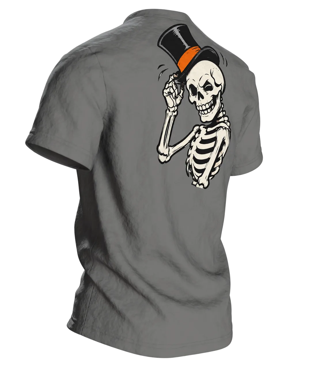 Skelett T-Shirt: drei tanzende Skelette mit Zylinder und Stock im Mondschein, Vintage-Cartoon, Rückseite schräg rechts