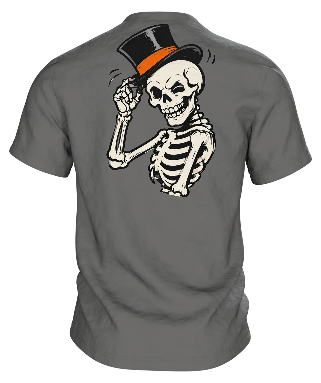 Skelett T-Shirt: drei tanzende Skelette mit Zylinder und Stock im Mondschein, Vintage-Cartoon, Rückseite