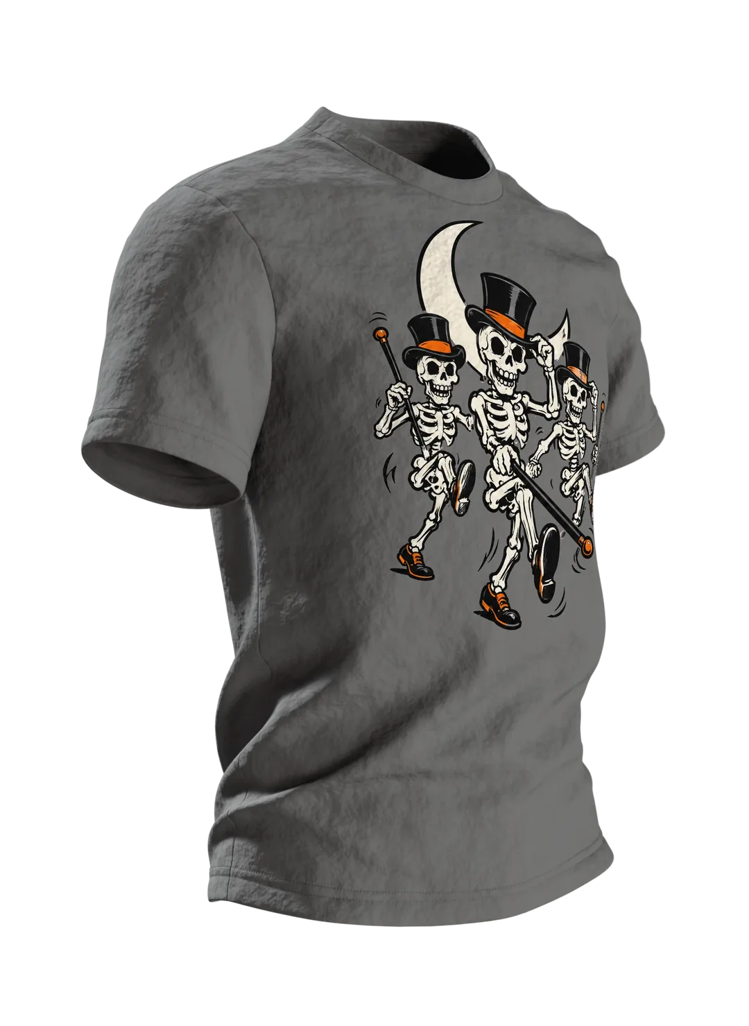 Skelett T-Shirt: drei tanzende Skelette mit Zylinder und Stock im Mondschein, Vintage-Cartoon, Seitenansicht links