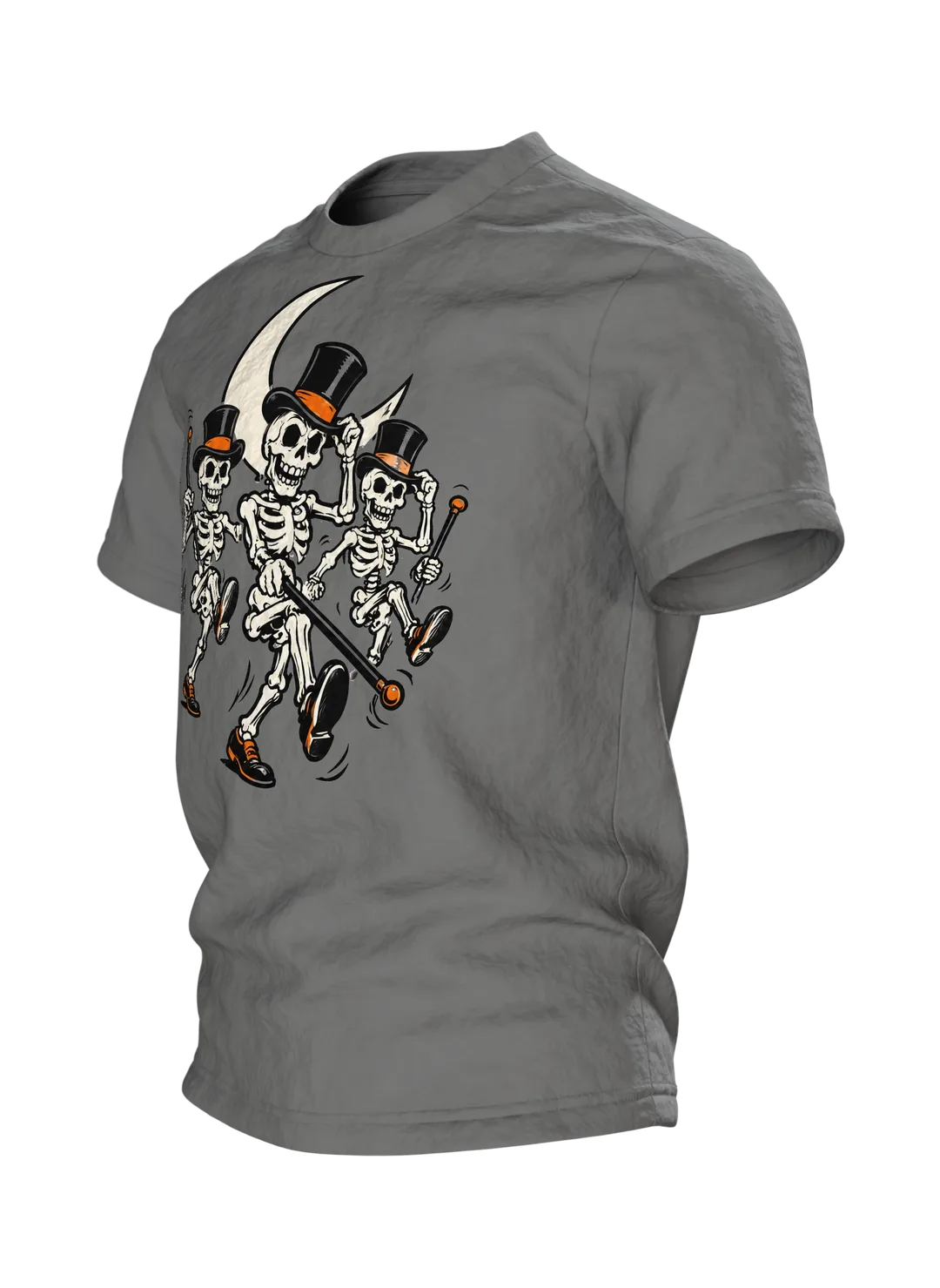 Skelett T-Shirt: drei tanzende Skelette mit Zylinder und Stock im Mondschein, Vintage-Cartoon, Seitenansicht rechts