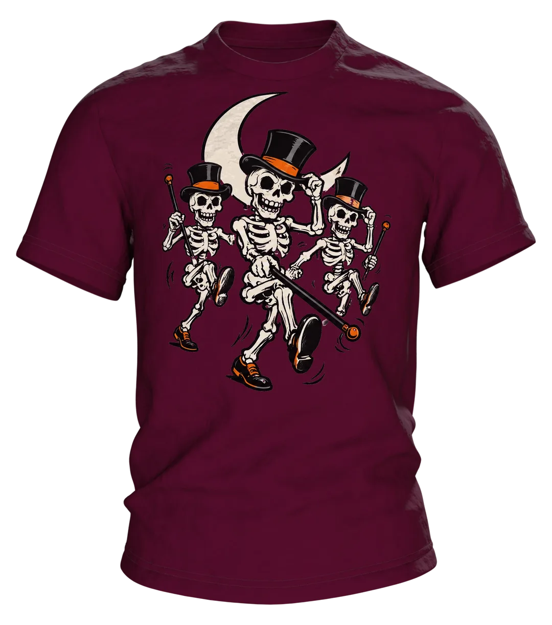 Skelett T-Shirt: drei tanzende Skelette mit Zylinder und Stock im Mondschein, Vintage-Cartoon