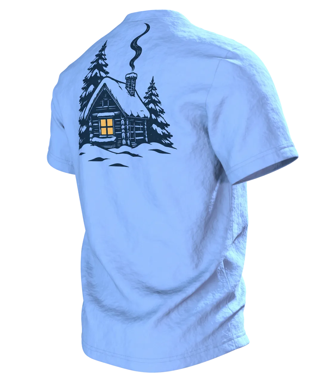 Winterwald T-Shirt: einsame Hütte im Winterwald bei Vollmond, nordischer Linolschnitt, Rückseite schräg links