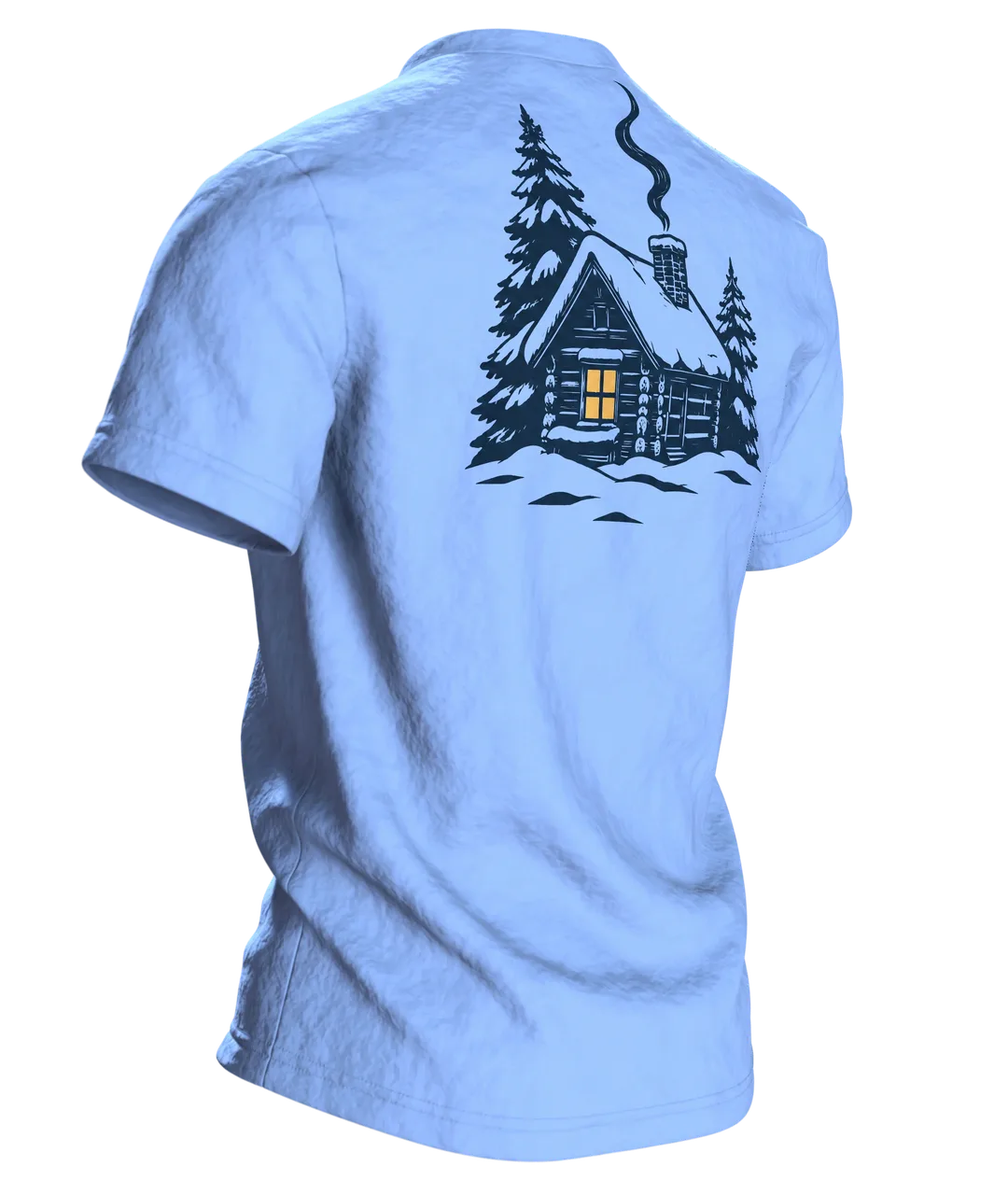 Winterwald T-Shirt: einsame Hütte im Winterwald bei Vollmond, nordischer Linolschnitt, Rückseite schräg rechts