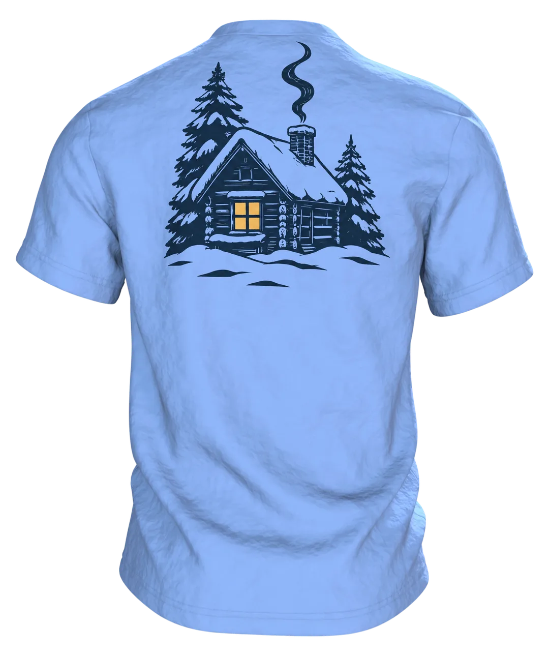 Winterwald T-Shirt: einsame Hütte im Winterwald bei Vollmond, nordischer Linolschnitt, Rückseite