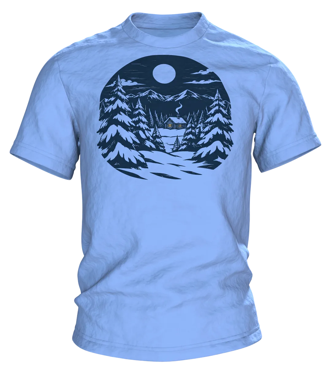 Winterwald T-Shirt: einsame Hütte im Winterwald bei Vollmond, nordischer Linolschnitt, Vorderseite