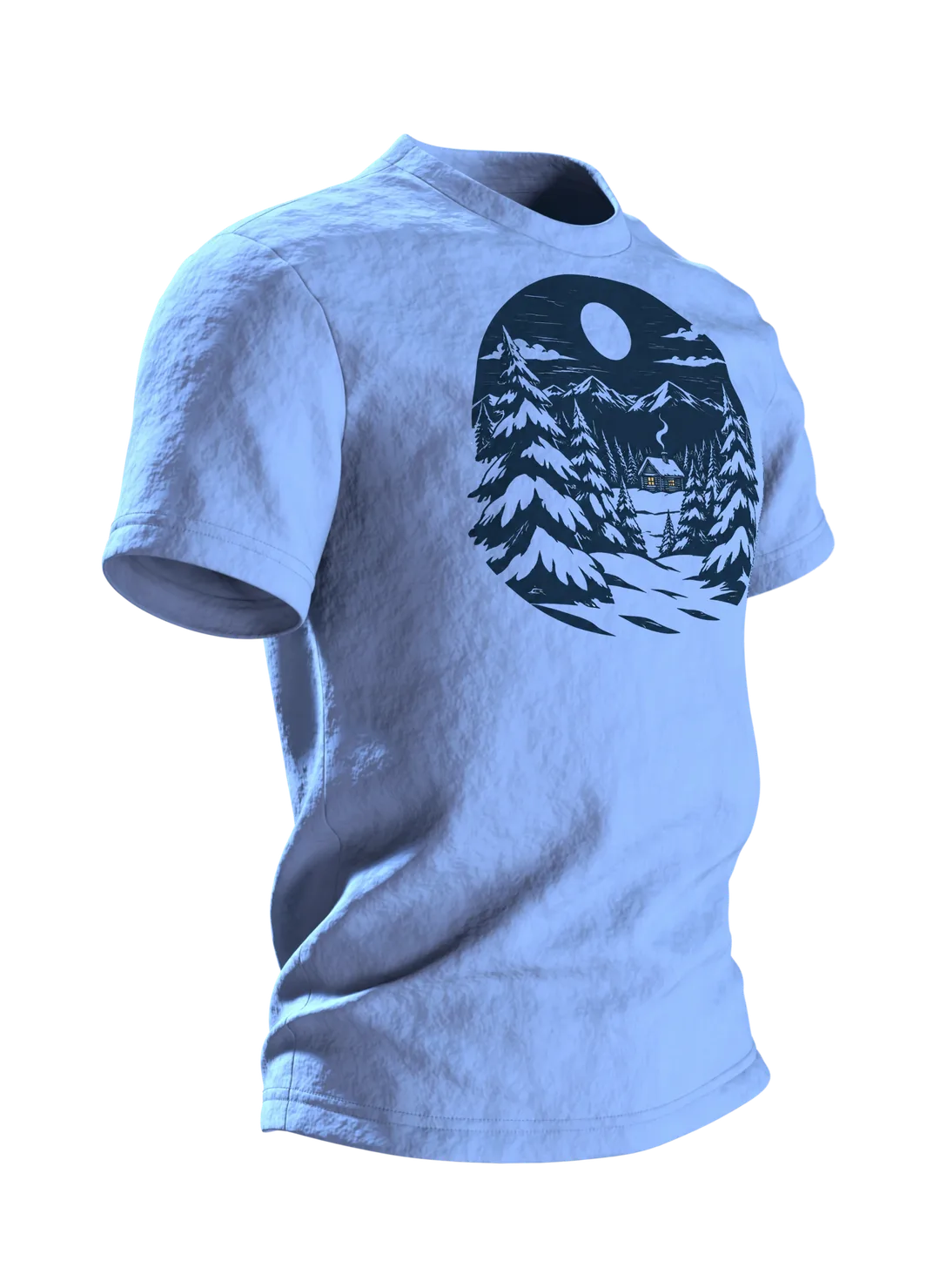 Winterwald T-Shirt: einsame Hütte im Winterwald bei Vollmond, nordischer Linolschnitt, Seitenansicht links
