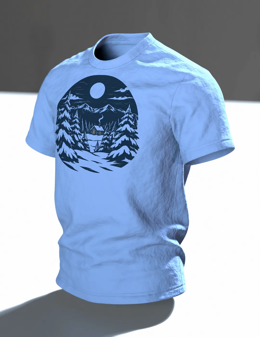 Winterwald T-Shirt: einsame Hütte im Winterwald bei Vollmond, nordischer Linolschnitt, Im Raum, schräg