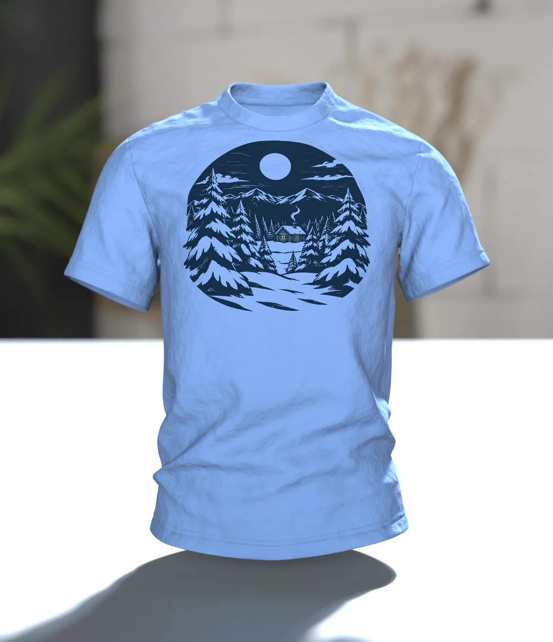 Winterwald T-Shirt: einsame Hütte im Winterwald bei Vollmond, nordischer Linolschnitt, Im Raum