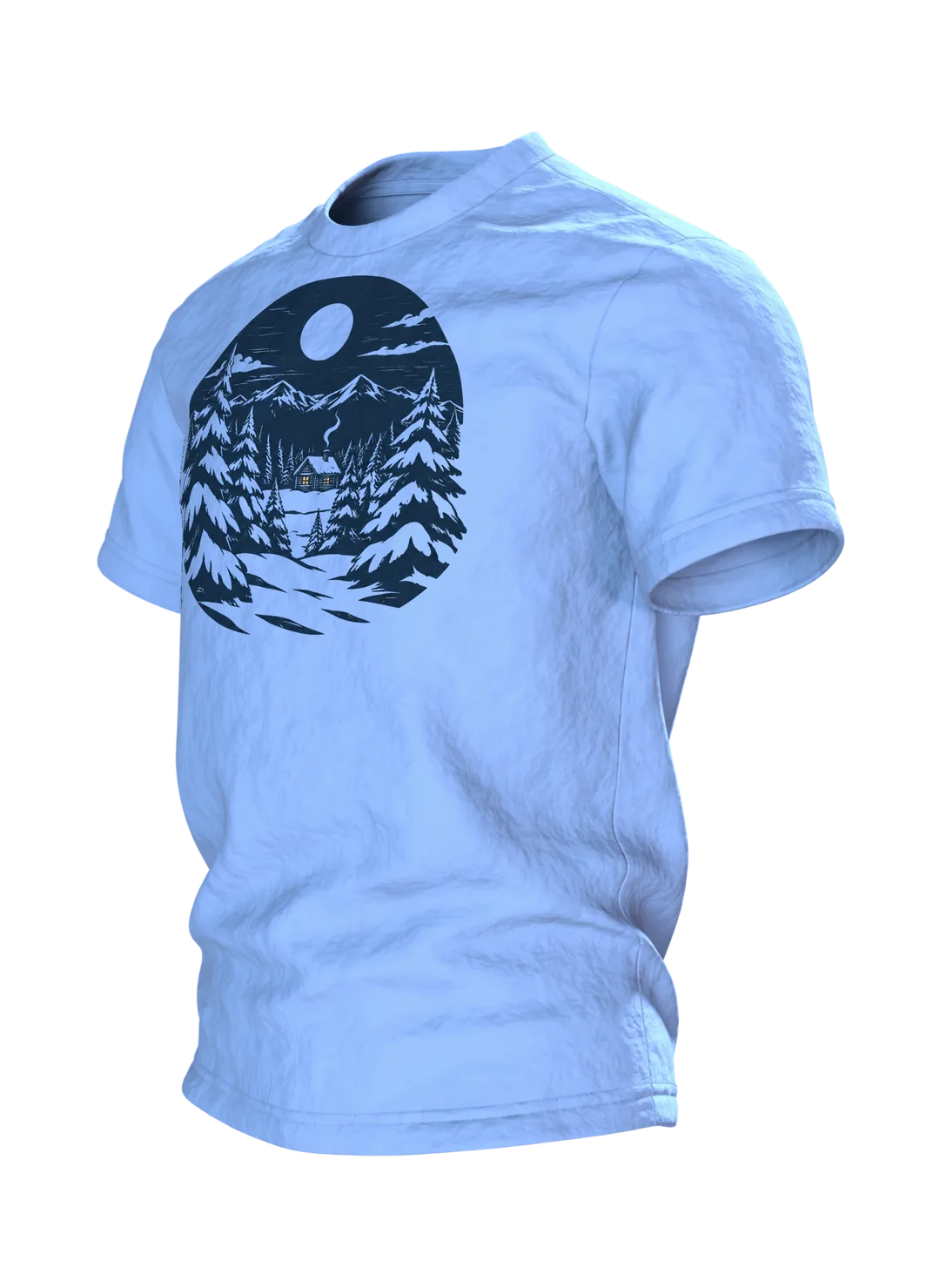 Winterwald T-Shirt: einsame Hütte im Winterwald bei Vollmond, nordischer Linolschnitt, Seitenansicht rechts