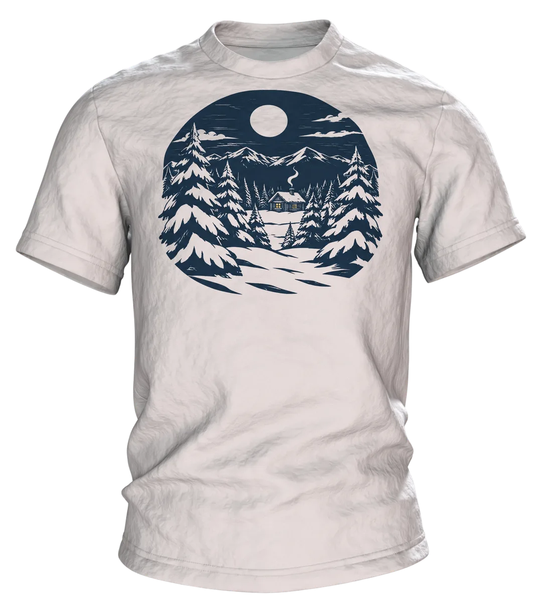 Winterwald T-Shirt: einsame Hütte im Winterwald bei Vollmond, nordischer Linolschnitt