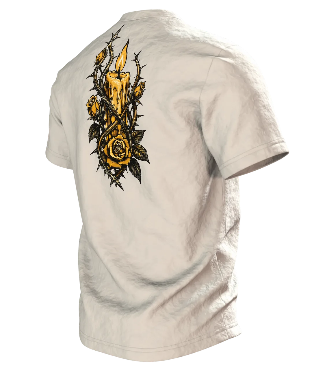 Skelett Hand mit Kerze und Rosen T-Shirt, Tattoo-Flash-Stil in Schwarz und Gold, Rückseite schräg links
