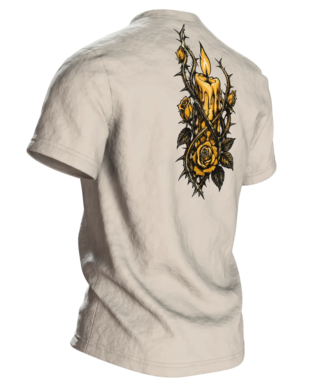 Skelett Hand mit Kerze und Rosen T-Shirt, Tattoo-Flash-Stil in Schwarz und Gold, Rückseite schräg rechts