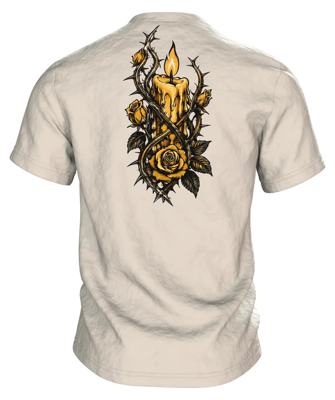 Skelett Hand mit Kerze und Rosen T-Shirt, Tattoo-Flash-Stil in Schwarz und Gold, Rückseite