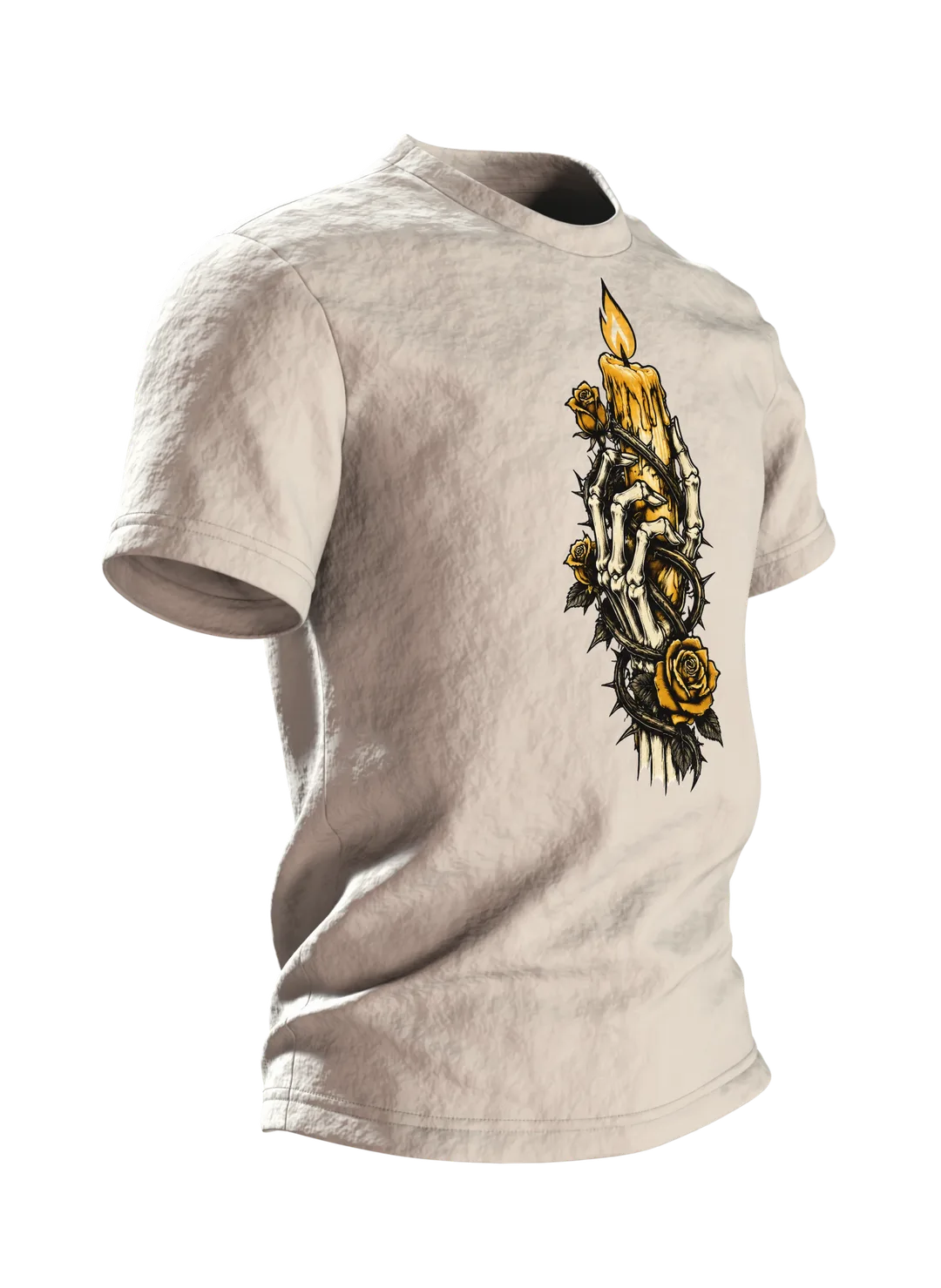 Skelett Hand mit Kerze und Rosen T-Shirt, Tattoo-Flash-Stil in Schwarz und Gold, Seitenansicht links