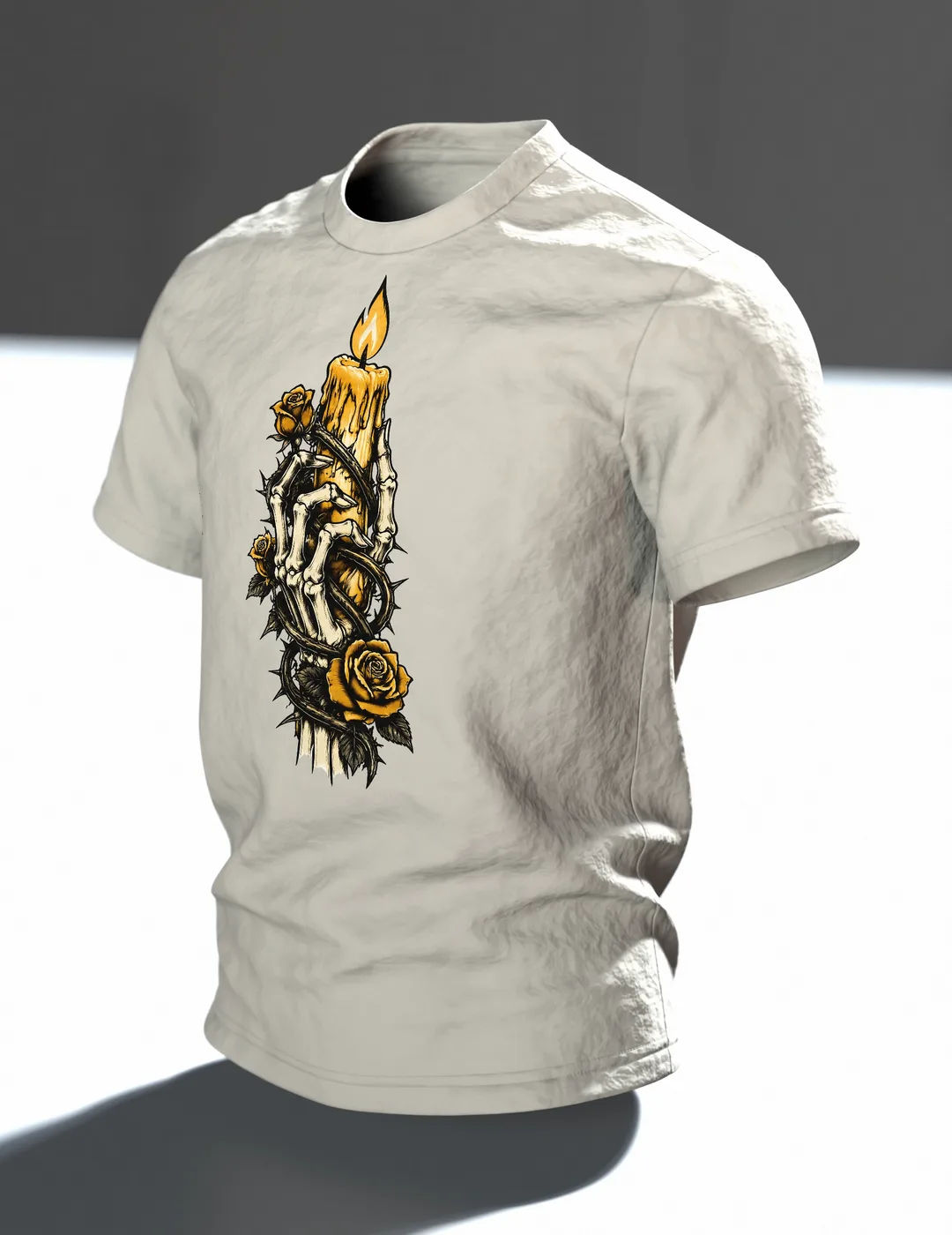 Skelett Hand mit Kerze und Rosen T-Shirt, Tattoo-Flash-Stil in Schwarz und Gold, Im Raum, schräg